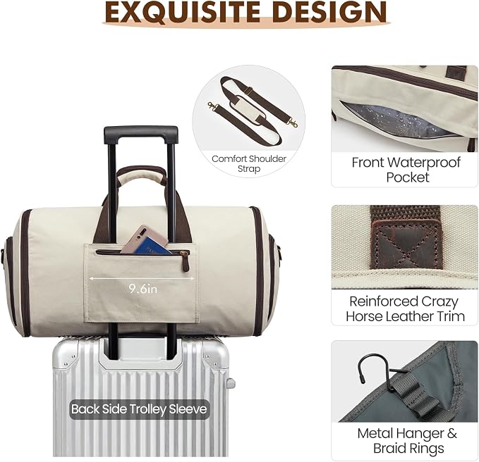 S-ZONE Garment Bag for Travel Convertible Duffle Bag Suit Bag for Men Women | 2-in-1 Hanging Suitcase, with Toiletry Bag, Wet/Dry Pockets, Shoe Compartment, Trolley Sleeve, Carry-on size, Beige
