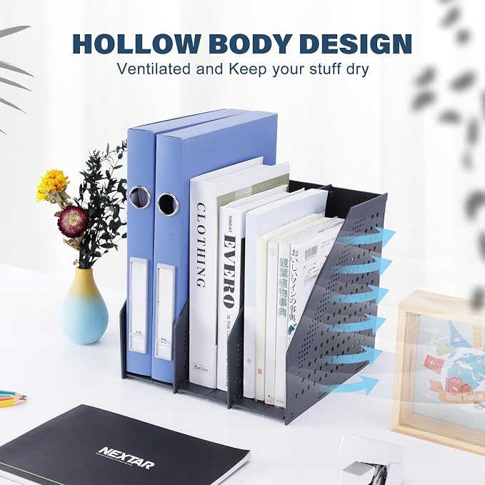 FRETONBA Collapsible Magazine File Holder, 3 Vertical Compartments | Foldable Space-Saving, Sturdy Plastic Binder Holder, Compact for Desk or Shelf, for Office & Home, Easy Access, Dark Gray