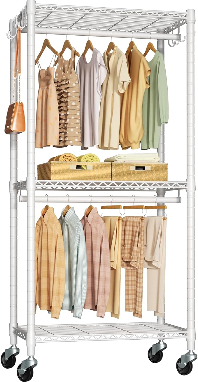 FUTASSI P3 Mini Rolling Clothes Rack, Clothing Racks for Hanging Clothes, Heavy Duty Garment Rack with Wheels, Freestanding Portable Closet Racks 23.6'' W x 14'' D x 78.5'' H, Max Load 430 Lbs, White