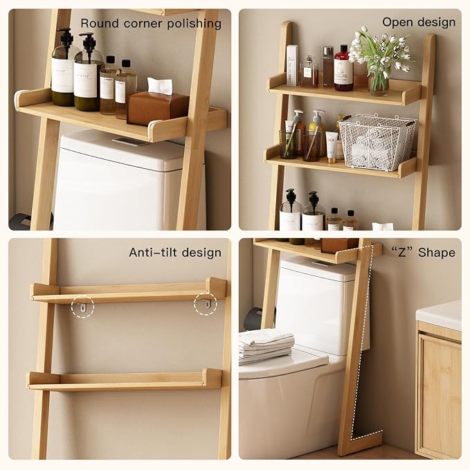Solid Bamboo Toilet Shelf,3 Tier Bathroom Shelf with Anti-Slip Base | Solid bamboo over the toilet storage – naturally moisture-resistant for bathrooms, built for long-lasting durability