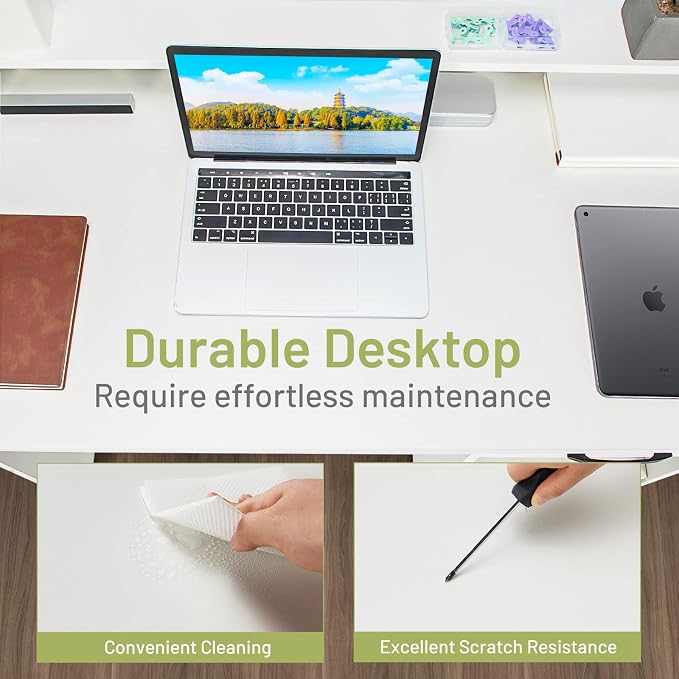 Tangkula White Computer Desk with Keyboard Tray & Drawer, Modern Wooden Study Writing Desk with Storage Shelves & Hutch for Home Office or Kids' Bedroom