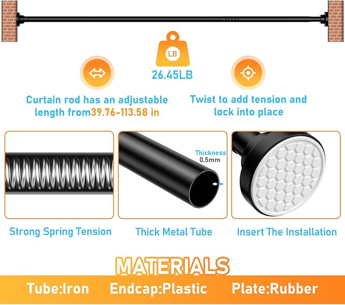 MEXAU Black Tension Curtain Rod 40-113 Inch Long Tension Rod 1.26" Spring Tension Curtain Rod Adjustable Curtain Rods No Drilling Tension Shower Rod Curtain Tension Rod for Bathroom Windows Doorways