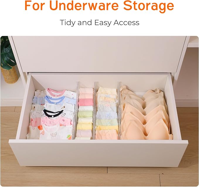 4 Pack 4" High Drawer Dividers for Clothes, 10.2"-16.5" Expandable Dresser Drawer Organizers, Adjustable Plastic Clear Drawer Separators for Kitchen, Baby Clothing, Socks, Underwear, Bedroom