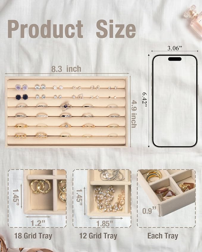 Velvet Jewelry Organizer Trays Set of 4,8.3"x4.9"x0.9",Stackable Storage Drawer Organizers Trays for Earring Ring Necklace Jewelry Display Case(4 Set,Beige)