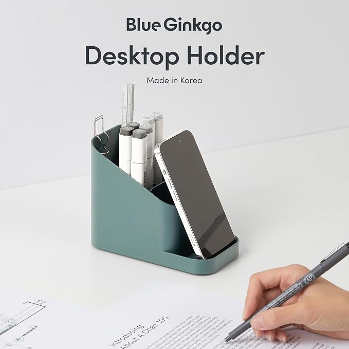 BLUE GINKGO Desk Holder – Korean-Made Office Organizer for Pencils, Pens, Notes, and Desk Supplies (Green)
