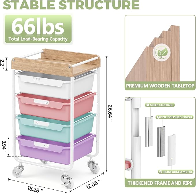 SYKIARIOL Rolling Utility Storage Cart,4 Labeled Ice Cream Colored Drawers with Wooden Tabletop, Art Craft Sewing Study Organizer Cart for Crafters,Artists,Sewing enthusiast,Kids,Teachers,Students