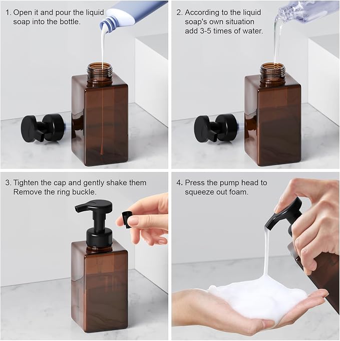 Kzeirm Amber Foaming Soap Dispenser, Refillable Foam Hand Soap Dispenser, Set of 2 Empty Foamer Pump Bottle, Brown Foaming Dispenser Bottles with Black Pump