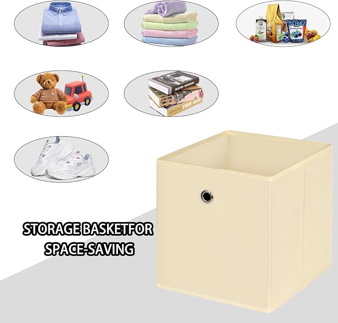 Foldable Storage Cubes Bins ,11 Inch Cloth Storage Cube Fabric Storage Box Cubes Organizer Baskets with Handles for Home Organizer Set of 6 (Creamy-White)