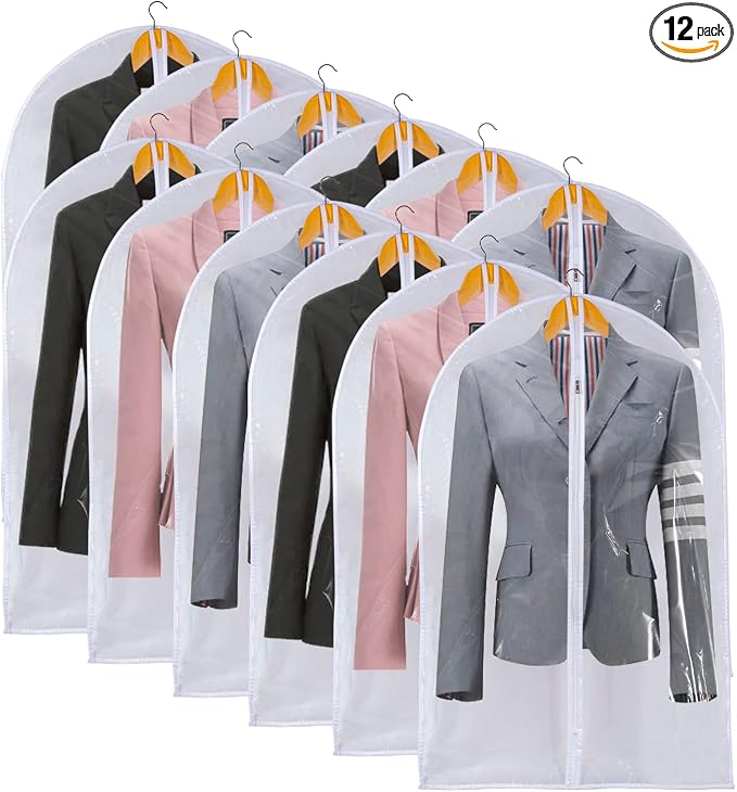 Clear Garment Bags For Hanging Clothes, 36" Women Suit Bags, Plastic Garment Bags for Closet Storage, Suit Cover Bags with Zipper for Short Coats, Jackets, Shirts 24"x36"/ 12 Pack