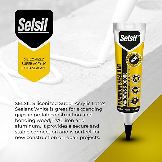 Selsil Siliconized Super Acrylic Latex Sealant, Indoor & Outdoor Paintable Caulk - Flexible, Weather & Moisture Resistant, White Caulking for Baseboards, Windows, Doors & More - 5.5 oz (160 ml)