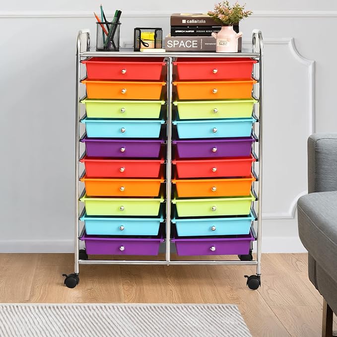 LDAILY 20-Drawer Rolling Storage Cart, Rolling Storage Cart, Storage Organizer on Wheels, Metal Frame, Scrapbook Paper Tools, Suitable for Office School, Classroom (Multicolor, 20 Drawer)