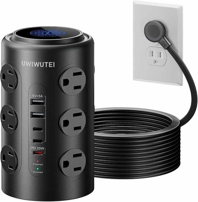 Tower Power Strip with 1 Dedicated PD 20W Fast-Charging Port, 12 Outlets, 5 USB Ports (3 USB-C), Desk Charging Station for Multiple Devices,10FT Extension Cord(Black)