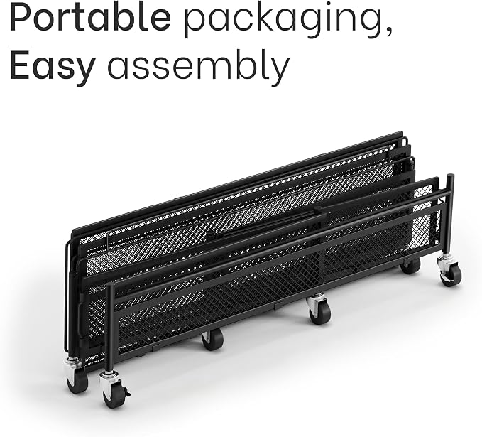 Under Bed Storage with Wheels – Heavy Duty Large Metal Storage Container (70lb Load), Low Profile Rolling Organizer with Removable Rubber Wheels, Easy Access for Clothes, Shoes & Blankets