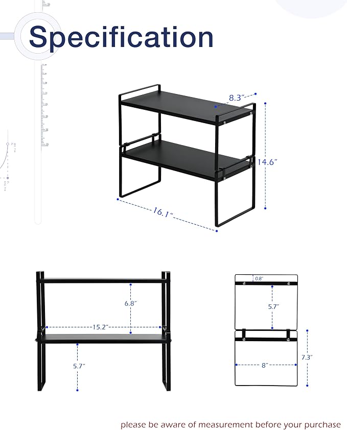 Nxconsu Stackable Cabinet Shelf Organizer 2 Pack, Standard Black | Heavy-Duty 3mm Steel Stackable 2-Tier Shelf, Holds 50 lb, for Kitchen Cabinet Pantry Cupboard Counter Bathroom Under Sink