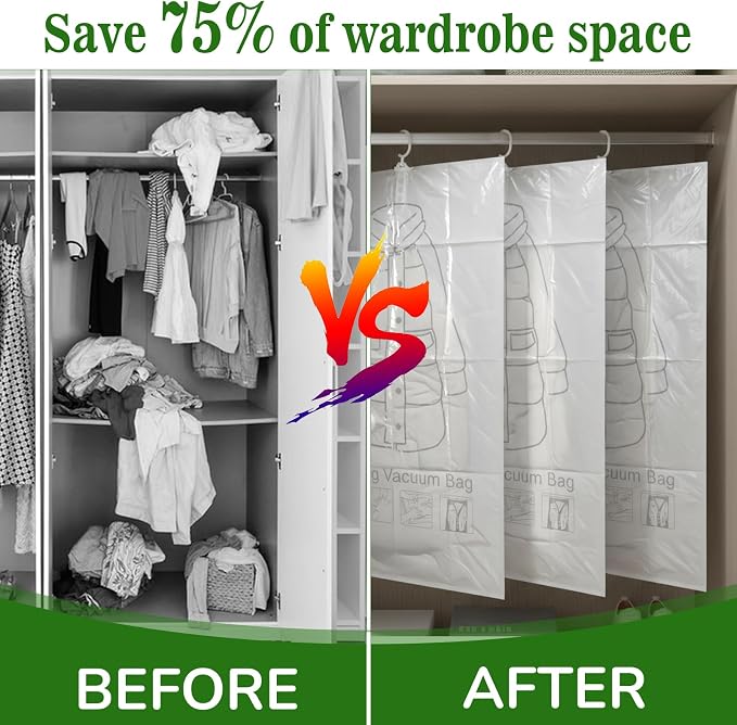 6 Pack Hanging Vacuum Storage Bag, 35.4 x 27.6 inch Hanging Vacuum Sealer Storage Space Saver Bags, Reusable Space Saver Bags, for Suits, Dresses, Jackets, Clear
