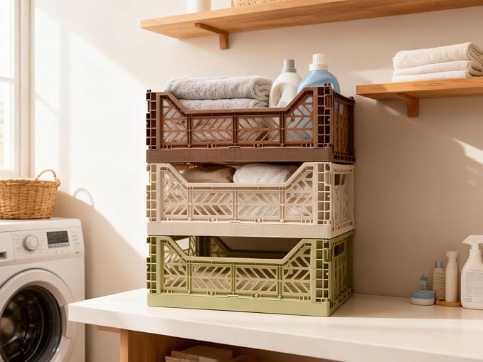 Collapsible Storage Box, Foldable Crate Organizer Bin with Handle, Stackable Crates for Home Organization (WarmTaupe-Lime-Coconut, 14L - 3 Pack)