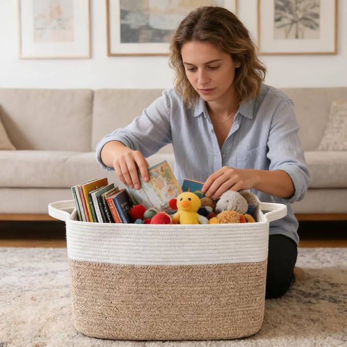 96L XXXLarge Woven Laundry Basket with Sturdy Handles - White/Brown | 24x16x15 Foldable Rectangular Blanket Basket for Toys, Clothes & Pillows,Ideal for Nursery, Bathroom, Bedroom, Living Room