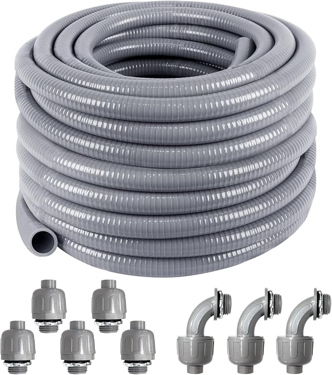 Liquid-Tight Conduit 100 ft and 8 Pieces of Connector Kit,Electrical Conduit 3/4 100ft UL Certification,Flexible Conduit with 5 Straight and 5 90-Degree Conduit Connector Fittings