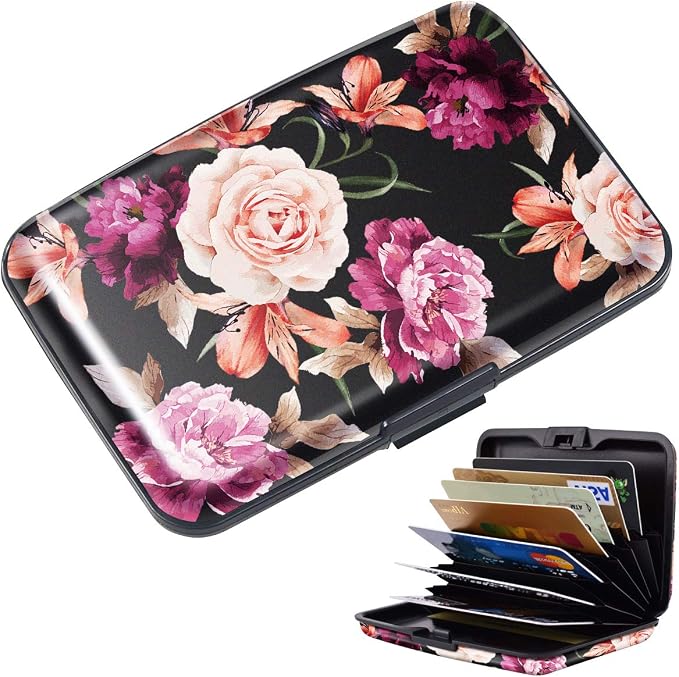 Mini Credit Card Holder for Women,RFID Blocking Slim Hard Card Case ID Case Travel Wallet Black Rose Flowers