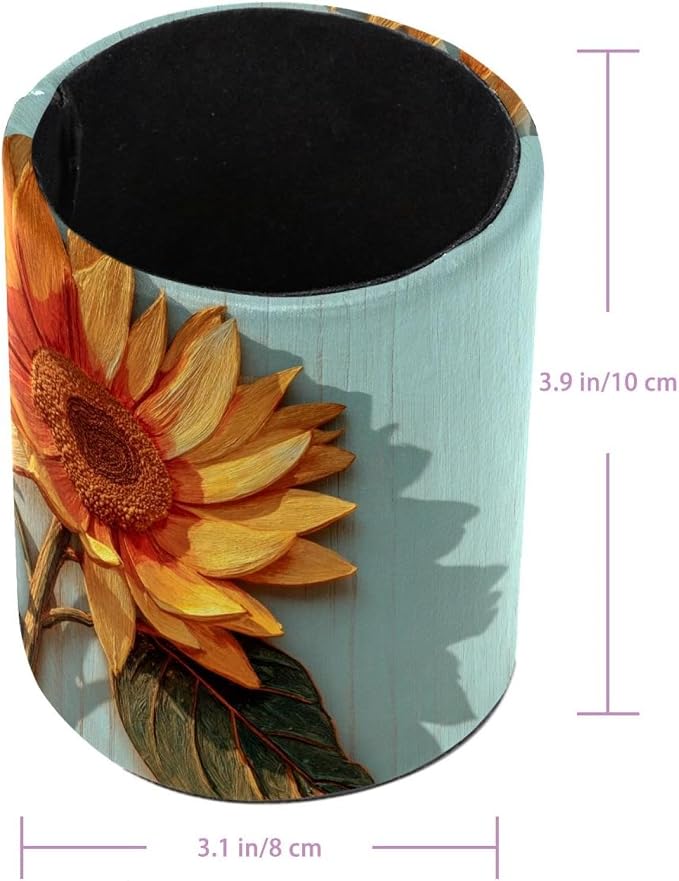 Faux Leather Pen Holder for Desk, Pencil Organizer Sunflower and Wooden Plank Pen Cup Desk Decor Makeup Brush Holder Storage for Office Home