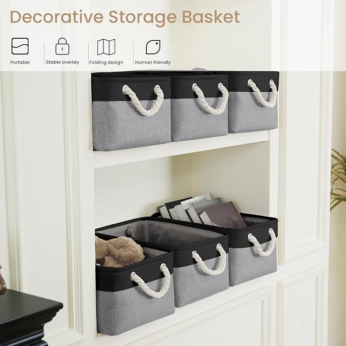 Storage Baskets for Shelves 13.8x9.8x6.7 Inch, Foldable Fabric Storage Bins with Handles, Small Storage Baskets for Organizing Closet, Office, Home Organization (3-Pack, Black&Gray)