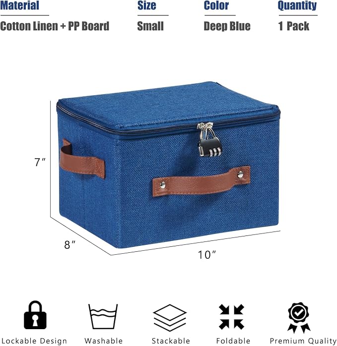 Storage Bins Boxes with Zipper Lid Combination Lock PU Leather Handles Cotton Linen Fabric Lidded Lockable Baskets Foldable Washable Closet Shelf Organizer Container (Deep Blue, Small)