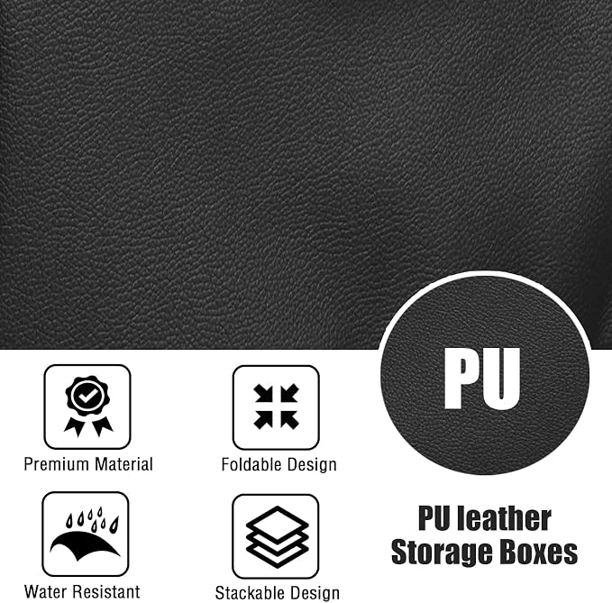 Storage Bins with Zipper Lid PU leather Storage Boxes Leather Fabric Collapsible Lidded Baskets Cube with Handle Decorative Shelves Closet Office Organizer Container(Black, Small Size)