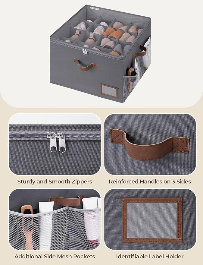 StorageWorks Fabric Shoe Storage Organizer for Closet, Up to 16 Pairs, Gray | Fixed Compartments, Clear Lid & Label Window, Side Mesh Pocket for Accessories, Soft Handles, Fits Flats, Sandals & Low-Tops