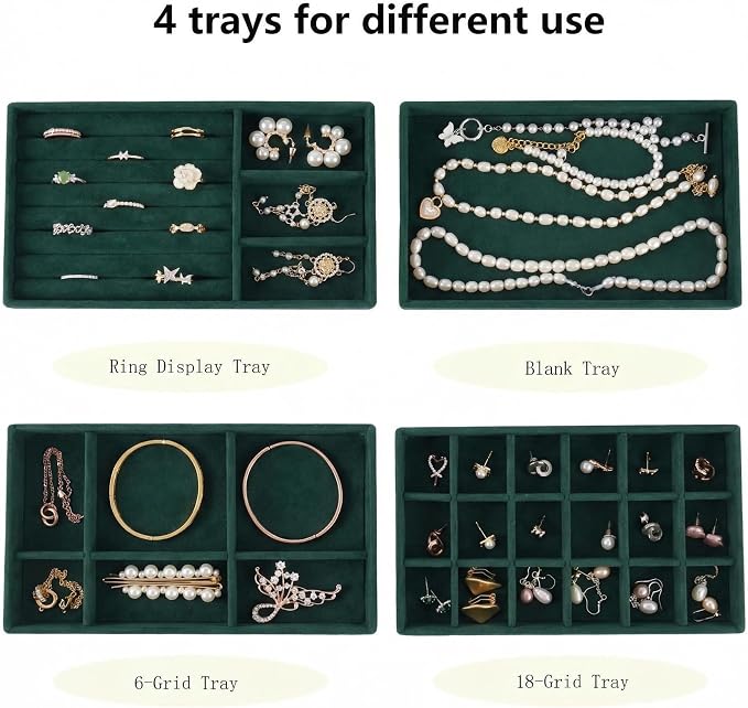 Stackable Jewelry Organizer Trays for Drawer, Set of 4 Velvet Jewelry Drawer Inserts in Dresser, 8in Storage Display Case for Rings Stud Necklaces Accessories(Green)