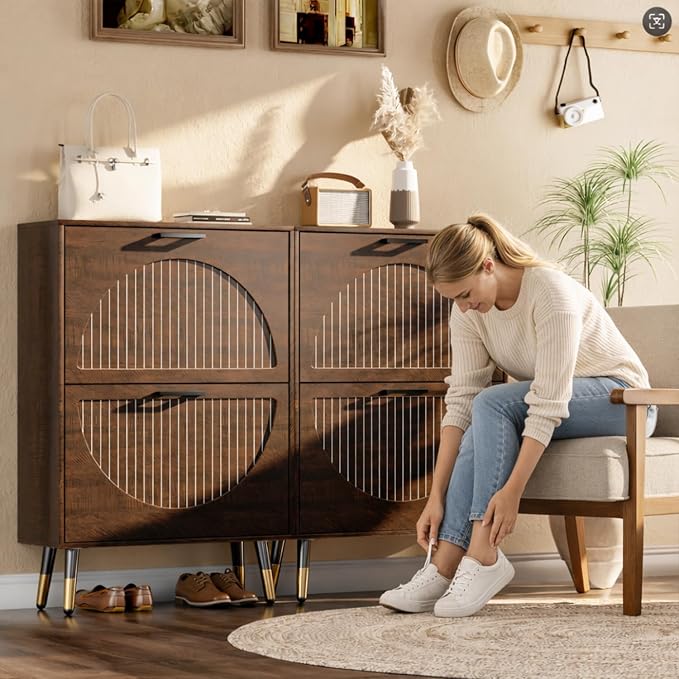 Farmhouse Shoe Cabinet Storage for Entryway, Slim Shoe Rack Cabinet with 4 Flip Drawers, Narrow Shoe Organizer Cabinet with Stylish Round Panel, Metal Leg and Handle