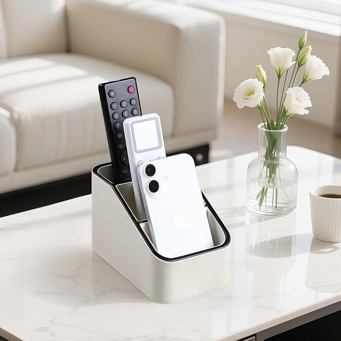 3 Compartments PU Leather Remote Control Holder, TV Remote Holder for Couch | Small Pen Desk Organizer for Office Bedside Living Room, Remote Caddy Nightstand Organizer