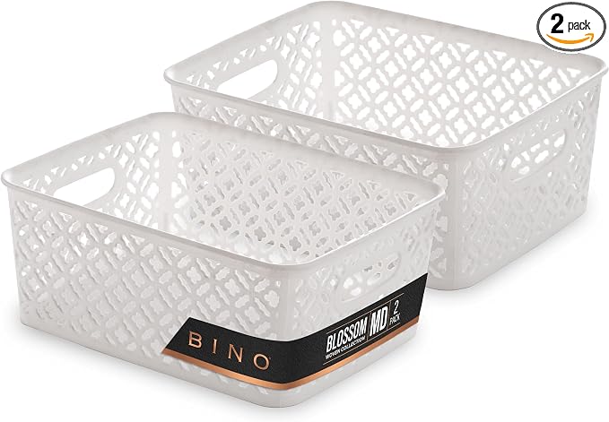 BINO l Plastic Storage Baskets, Medium - White | THE BLOSSOM COLLECTION l Multi-Use Organizer Bin l Built-in Handles l Plastic Woven Basket for Organizing l Pantry & Home Organizing Basket