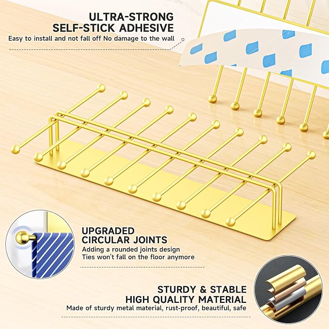 Tie Rack Wall Mounted, Tie Organizer for Men, Tie Rack Hanger for Closet Metal, Adhesive Tie Holder Organizer with 20 Hooks, Tie Storage for Wall Bedroom Living Room Dresser Room (Gold)