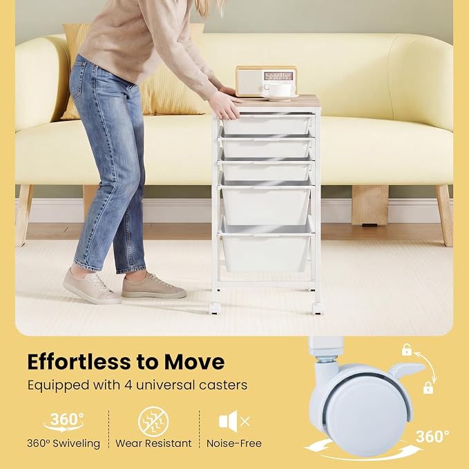 LDAILY Rolling Cart with Drawers, 5 Drawer Rolling Storage Cart with Wooden Tabletop, Metal Frame & Lockable Wheels, Craft Organizers and Storage for Home Office Classroom (White, 5 Drawer)