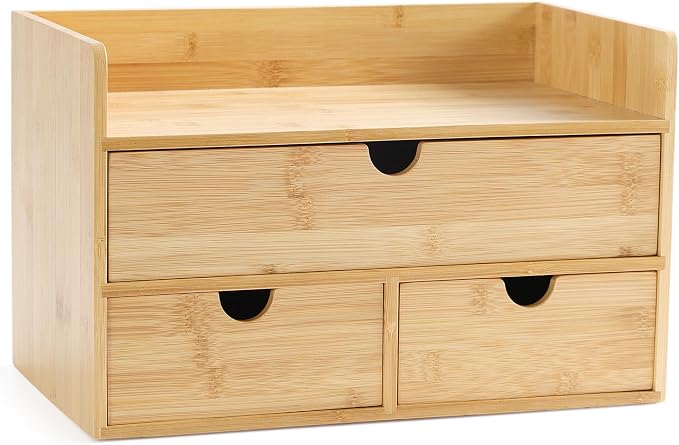 Bamboo Desk Organizer with Drawers, Desktop Storage for Office Supplies | 3 Drawers Desktop organizer, No Assembly Required, Natural Wood Wooden Desktop Drawers Box for Bills, Cosmetics, Seals, Paper