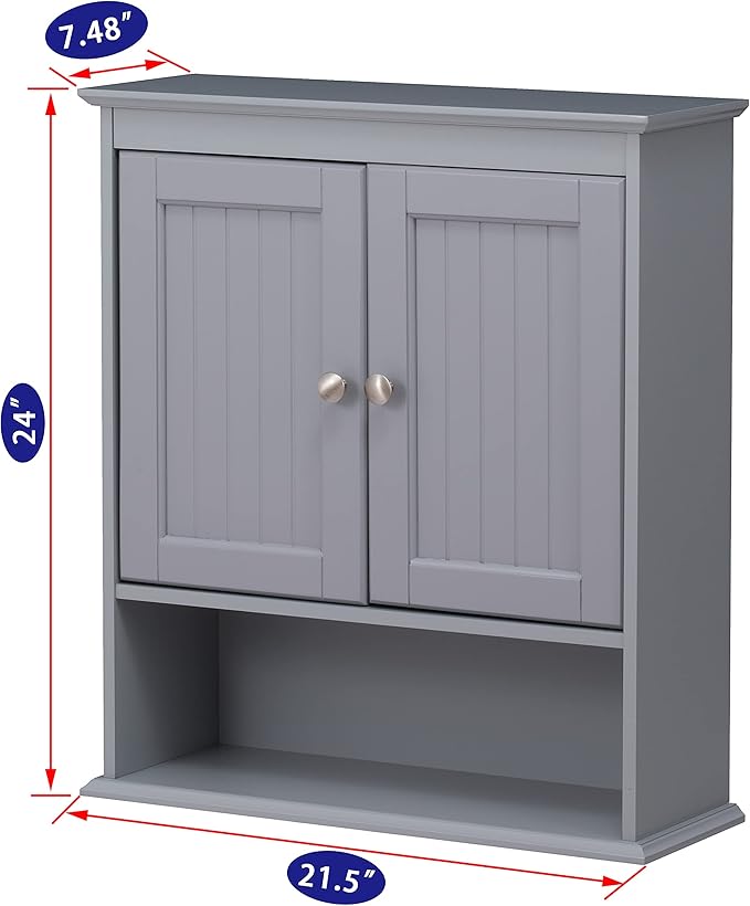 Spirich Bathroom Medicine Cabinet Over Toilet, Wall Mounted Cabinet, Gray | FSC-Certified Engineered Wood, Hidden & Open Storage, Adjustable Shelf, Modern Beadboard Design for Bathroom Kitchen Laundry