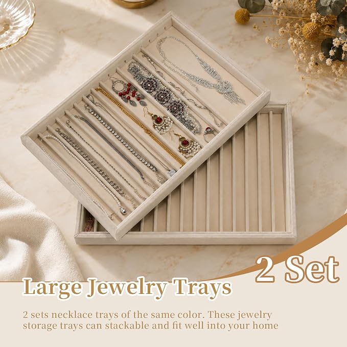 2 Sets Large Jewelry Trays with Drawer Insert Velvet Jewelry Organizer Tray for Women, Jewelry Display Trays with 16 Grids