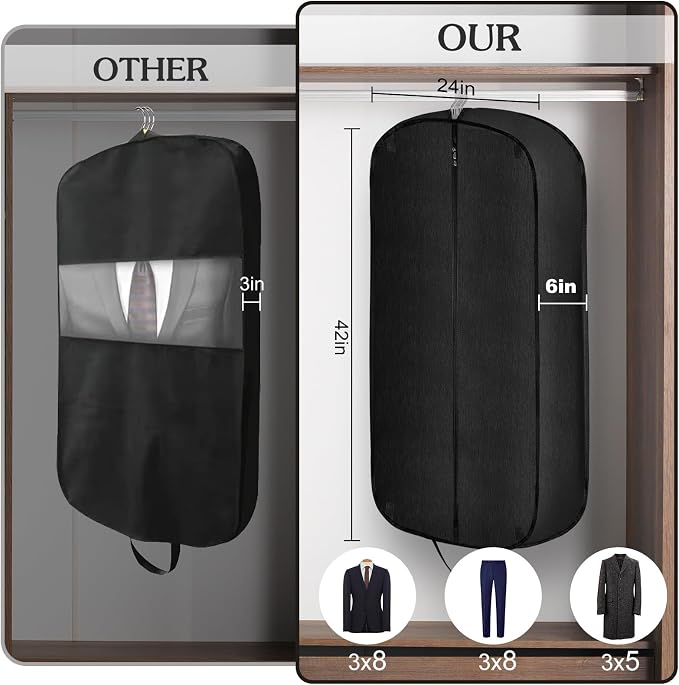 Limoomil 6" Gusseted Waterproof Garment Bag for Travel, 43" Tear Resistance Suit Bag for Men Travel for Suits, Tuxedos, Coats, Uniform. (Darkgrey, 42")