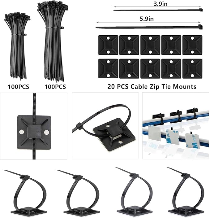 ELII 300PCS White Cable Management Kit,4 Cable Sleeve 35 Cable Clips | 11Cord Holders,20 Roll Cable Organizer Straps,200 Fastening Cable Ties,20 Cable Zip Tie Mounts for Under Desk