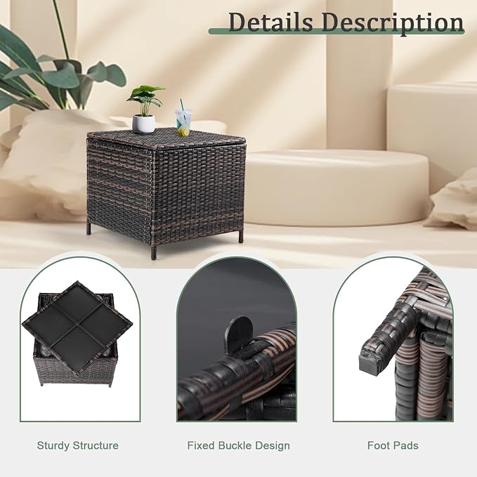 VINGLI 27 Gallon Outdoor Deck Box, Wicker Outdoor Storage Box with Lid, Small Storage Bin Container for Outside and Patio, Patio Rattan Side Table for Yard Porch (Brown, Square)