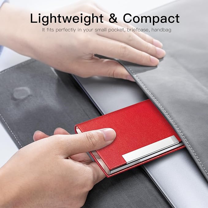 Padike Business Card Holder, Red Faux Leather Wallet with Stainless Steel, RFID Protected