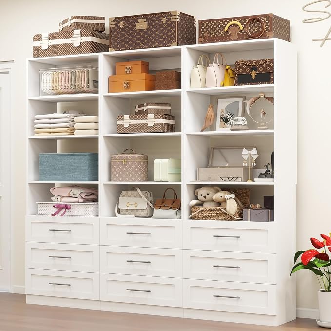 Closet Organizer System with Drawers, 6FT Wood Closet Shelving System Small Walk in Closet Standalone Corner Closets Storage with Hanging Rods White (6FT)