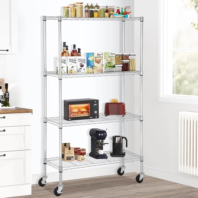 Meet perfect 4-Tier Wire Shelving Unit with Wheels, 1400LBS Heavy Duty Metal Storage Rack, NSF Certified Adjustable Steel Pantry Organizer for Garage, Kitchen, Laundry, 36" W x 14" D x 62" H