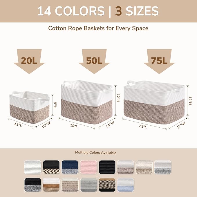 Goodpick Woven Storage Baskets for Organizing, Cotton Rope Organizer for Home Decor, 13"x10"x9" Gift Baskets Empty for Kids, Rectangle Laundry Basket with Handles, White & Camel Mix