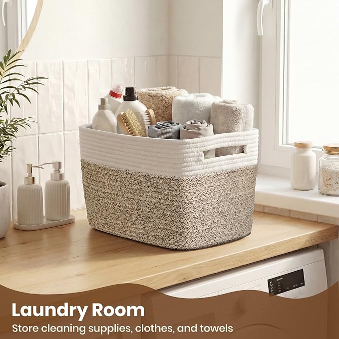 Storage Baskets for Organizing, 14 x 10 x 9” Closet Shelf Woven Baskets, Square Bins with Handles, Cotton Rope Basket for Clothes, Office, Room, White+Rice Brown 3 Pack