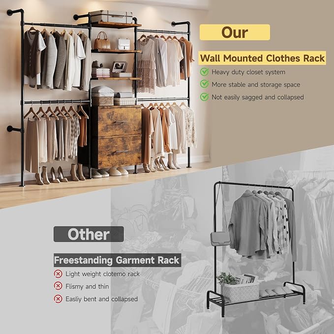 ONBRILL T3 Wall Mounted Industrial Pipe Closet Organizers Storage System | Metal Clothing Rack with 2 Drawers, 6 Wooden Shelves & 4 Expandable Rods, Heavy Duty Garment Rack, Wardrobe (Rustic Brown)