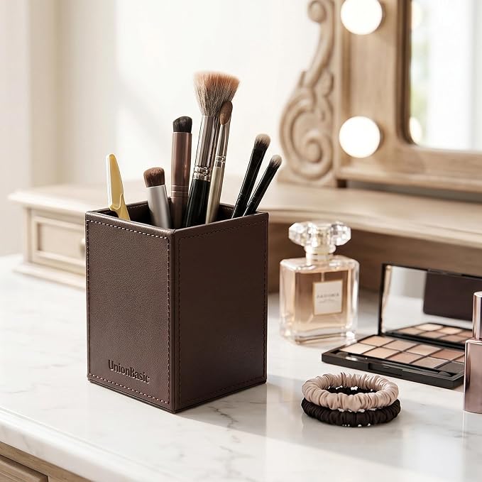 UnionBasic Square Pen Holder, Leather Pencil Cup, Desktop Caddy Stationery Organizer (Coffee)