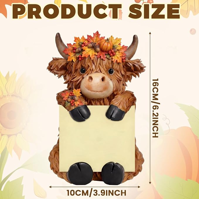 Thenshop Fall Maple Leaves Highland Cow Pop up Sticky Note Holder with Berry Pine Cone Autumn Resin Cow Dispenser with 100 Sheets 3 x 3 Inch Sticky Notes Desk Accessory for Fall Harvest Office Home