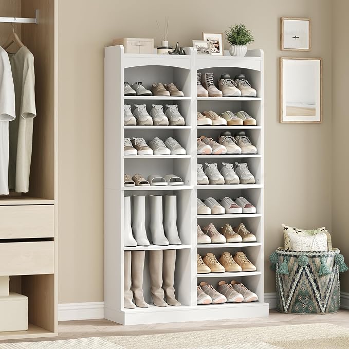 YATINEY 9-Tier Tall Shoe Rack, Wooden Shoe Storage Organizer, Narrow Shoe Cabinet with Removable Shelves for Small Spaces, Holds 18 Pairs of Shoes, for Entrance, Hallway, White SS22WT