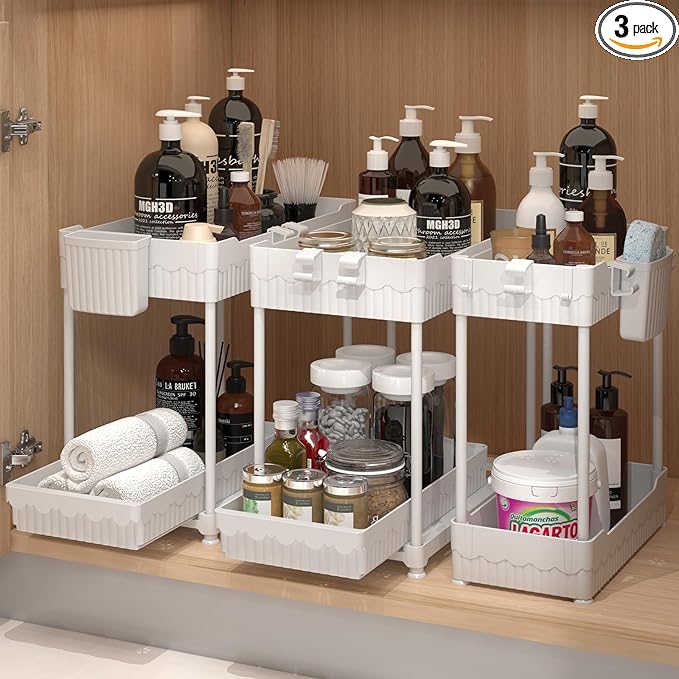 Sevenblue 3 Pack Under Sink Organizers, 2-Tier Multi-Use Kitchen and Bathroom Organizers and Storage with Sliding Drawers, Bathroom Cabinet Organizer (White, 14.8 Inch)